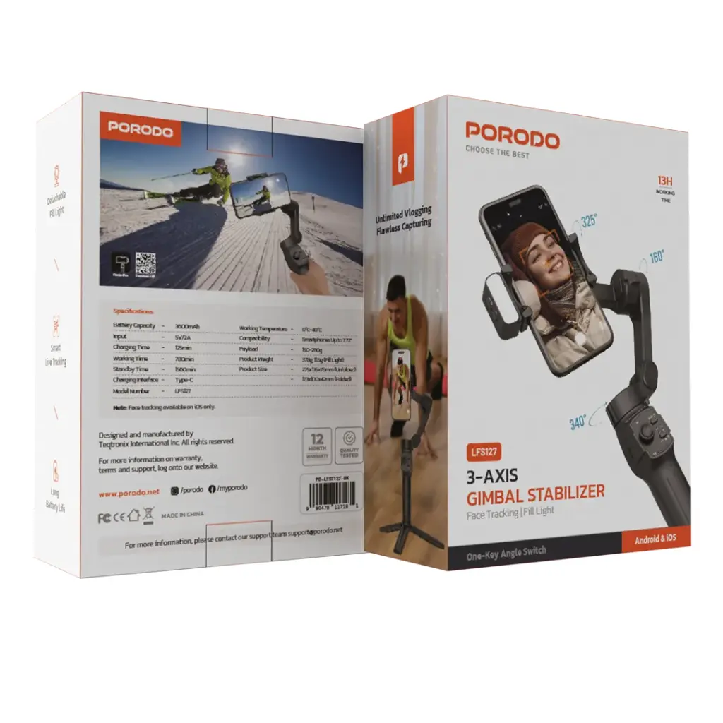 Porodo 3-Axis Gimbal Stabilizer with AI Tracking and Magnetic Fill Light